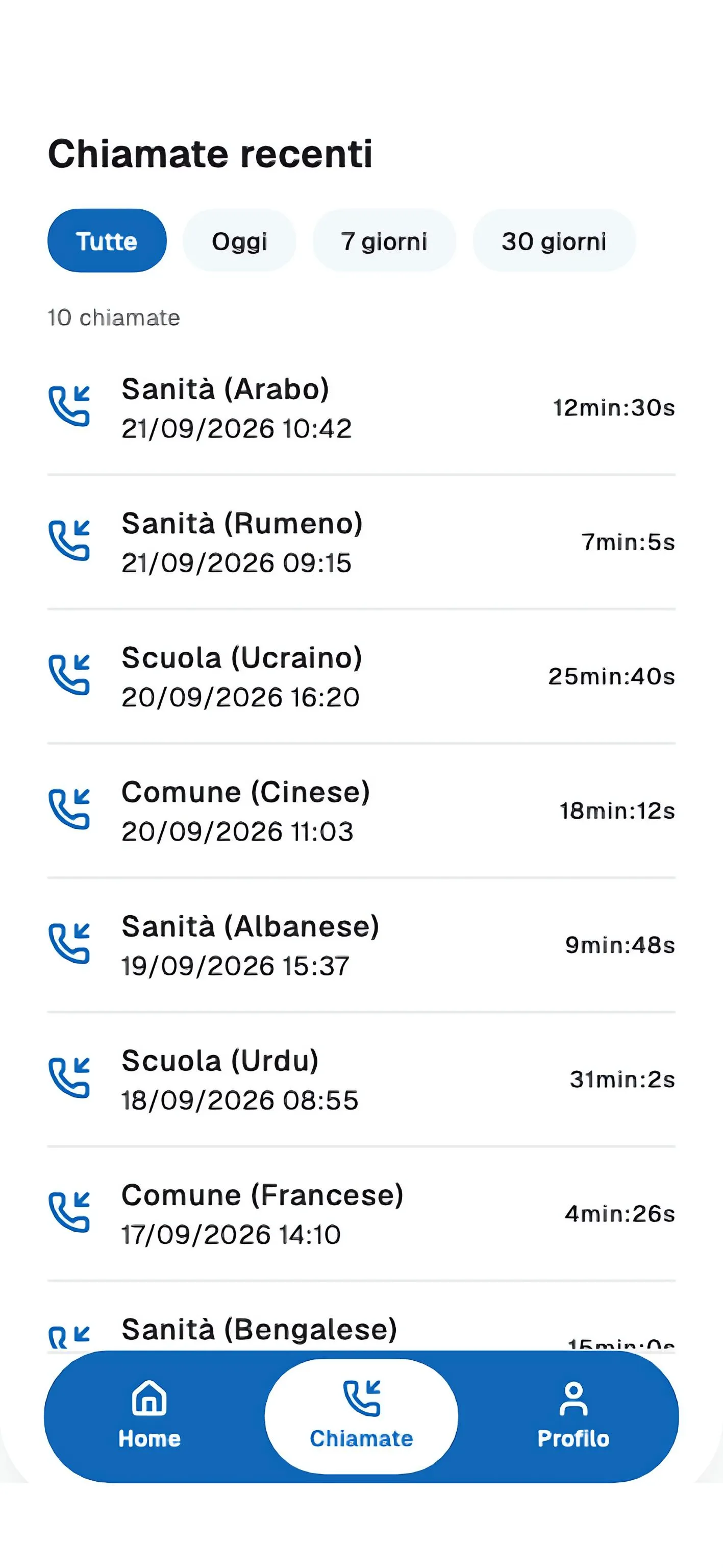 Elenco delle chiamate recenti, con filtri per periodo, data, ora e durata di ciascuna.