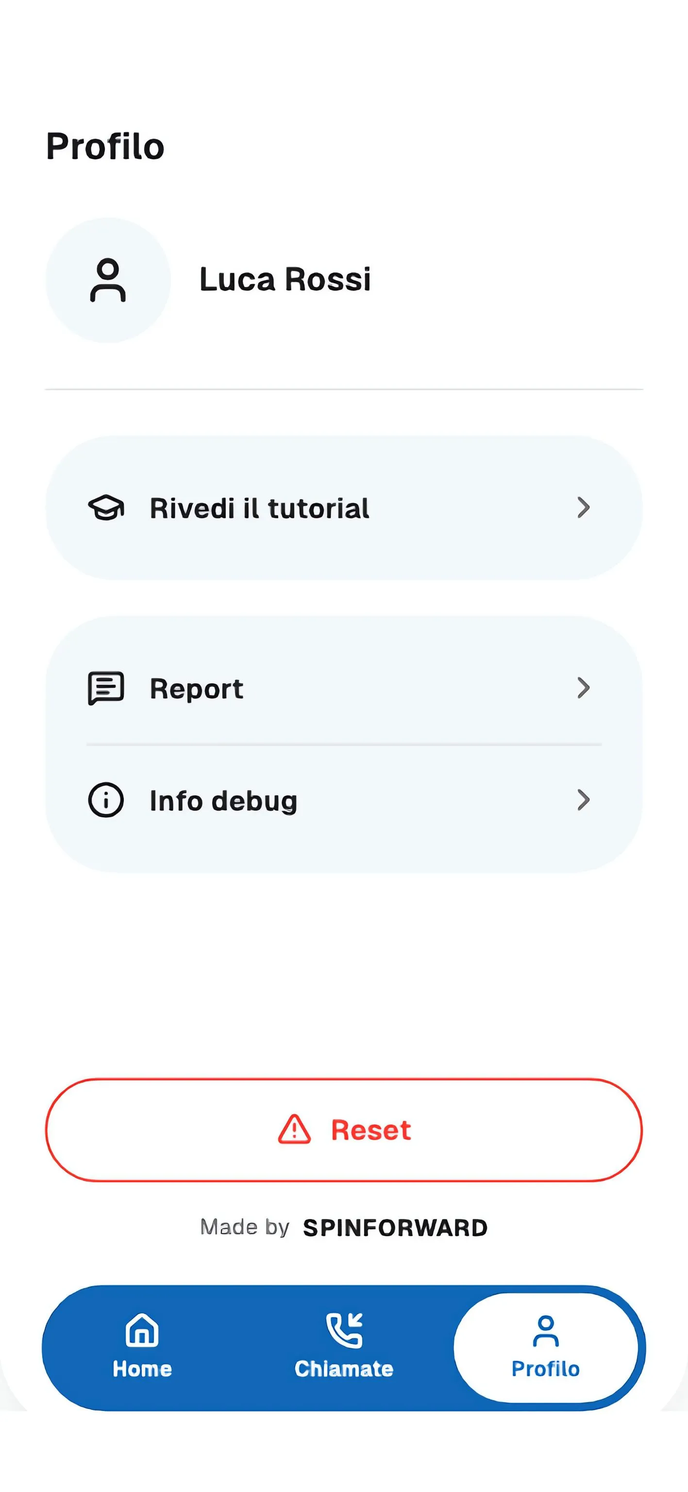 Pagina del profilo con il nome dell'interprete, il tutorial, le voci report e info di debug, e il tasto di reset.